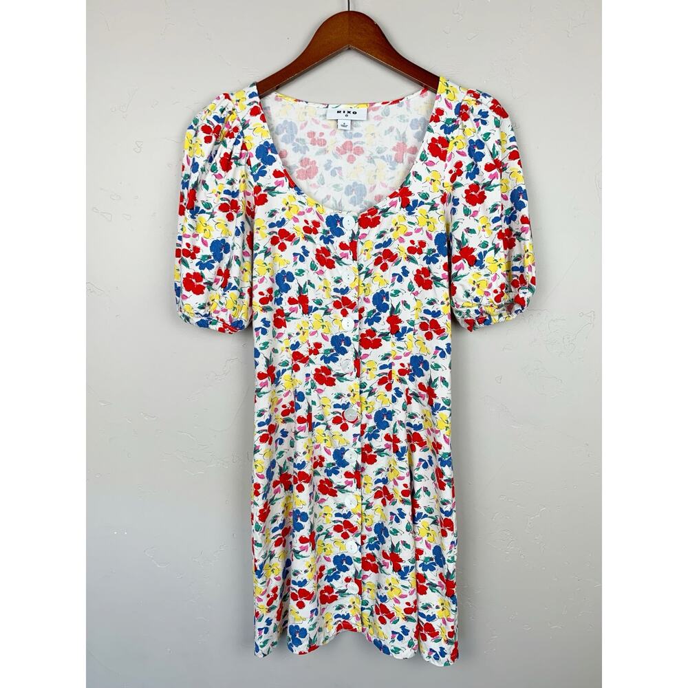 Rixo x Target Floral Linen Blend Dress Button Front Puff Sleeve Mini Women's 0